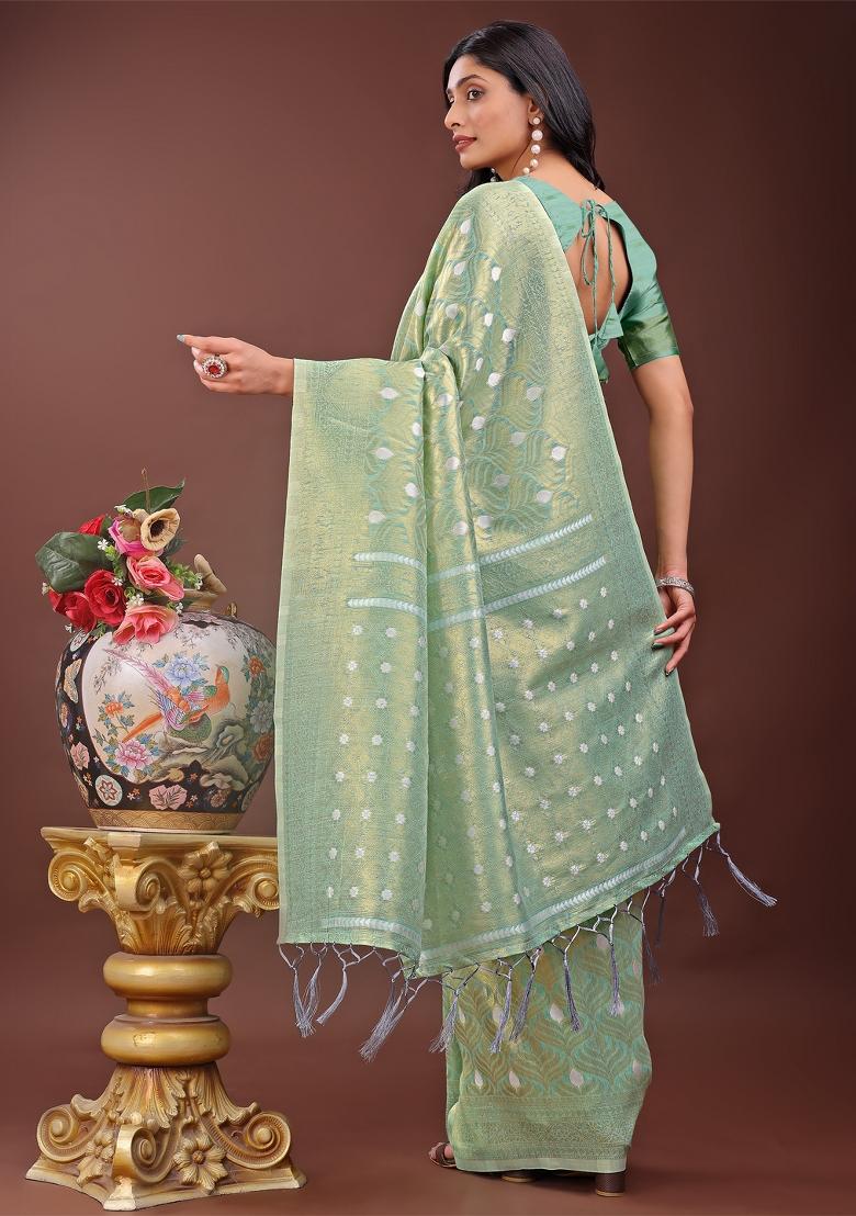 Teal Blue Zari Work Cotton Blend Saree Set