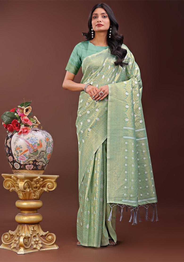 Teal Blue Zari Work Cotton Blend Saree Set