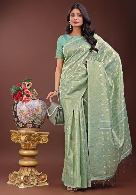 Teal Blue Zari Work Cotton Blend Saree Set