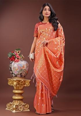 Orange Zari Work Cotton Blend Saree Set