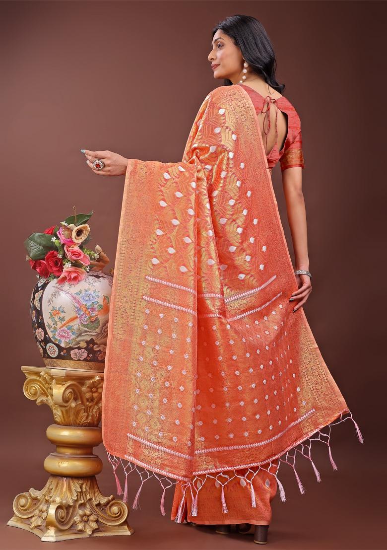 Orange Zari Work Cotton Blend Saree Set
