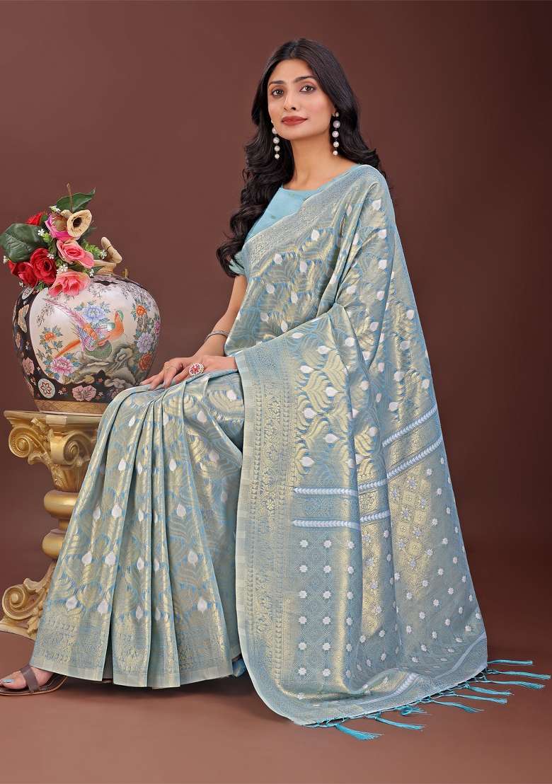 Sky Blue Zari Work Cotton Blend Saree Set - Indya
