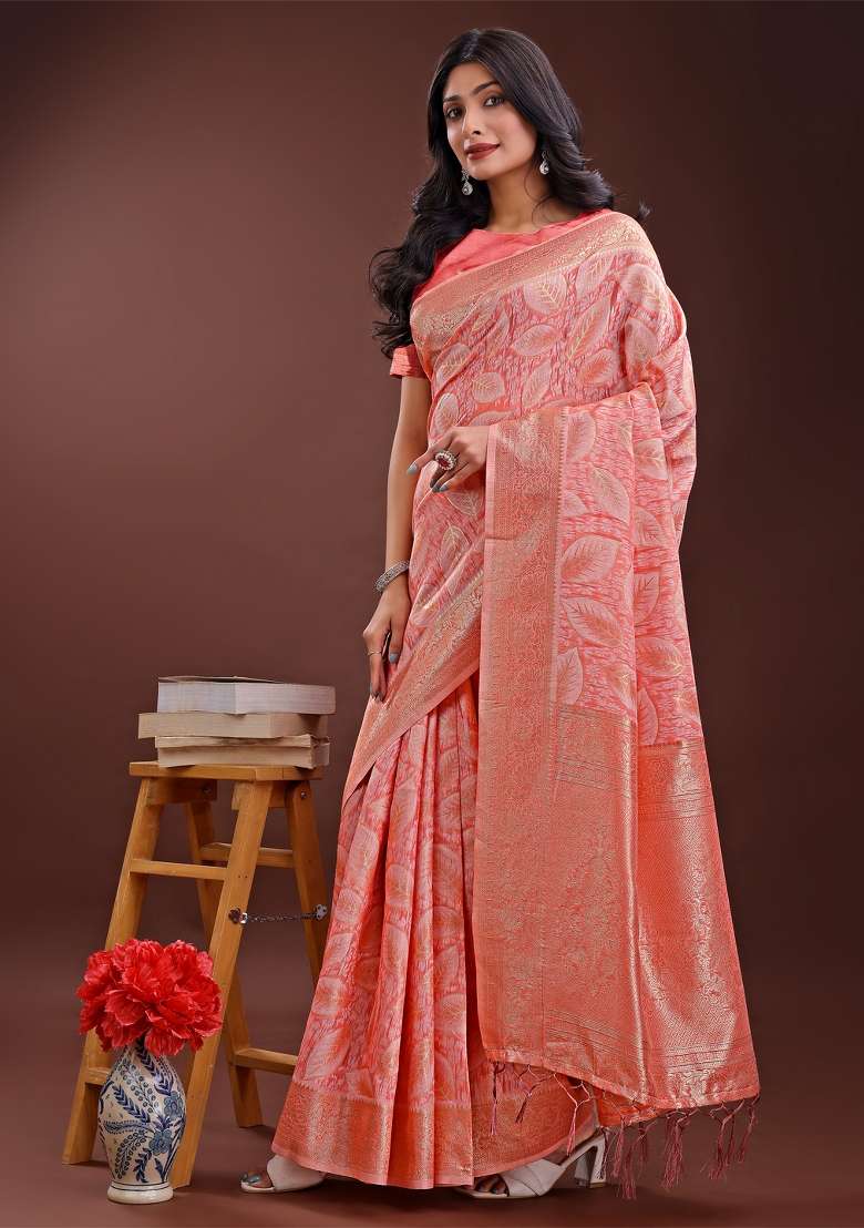 Peach Zari Work Cotton Blend Saree Set - Indya