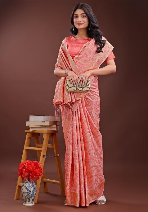 Peach Zari Work Cotton Blend Saree Set