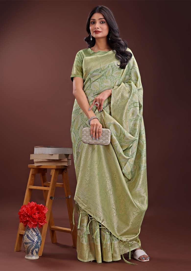 Light Green Zari Work Cotton Blend Saree Set - Indya