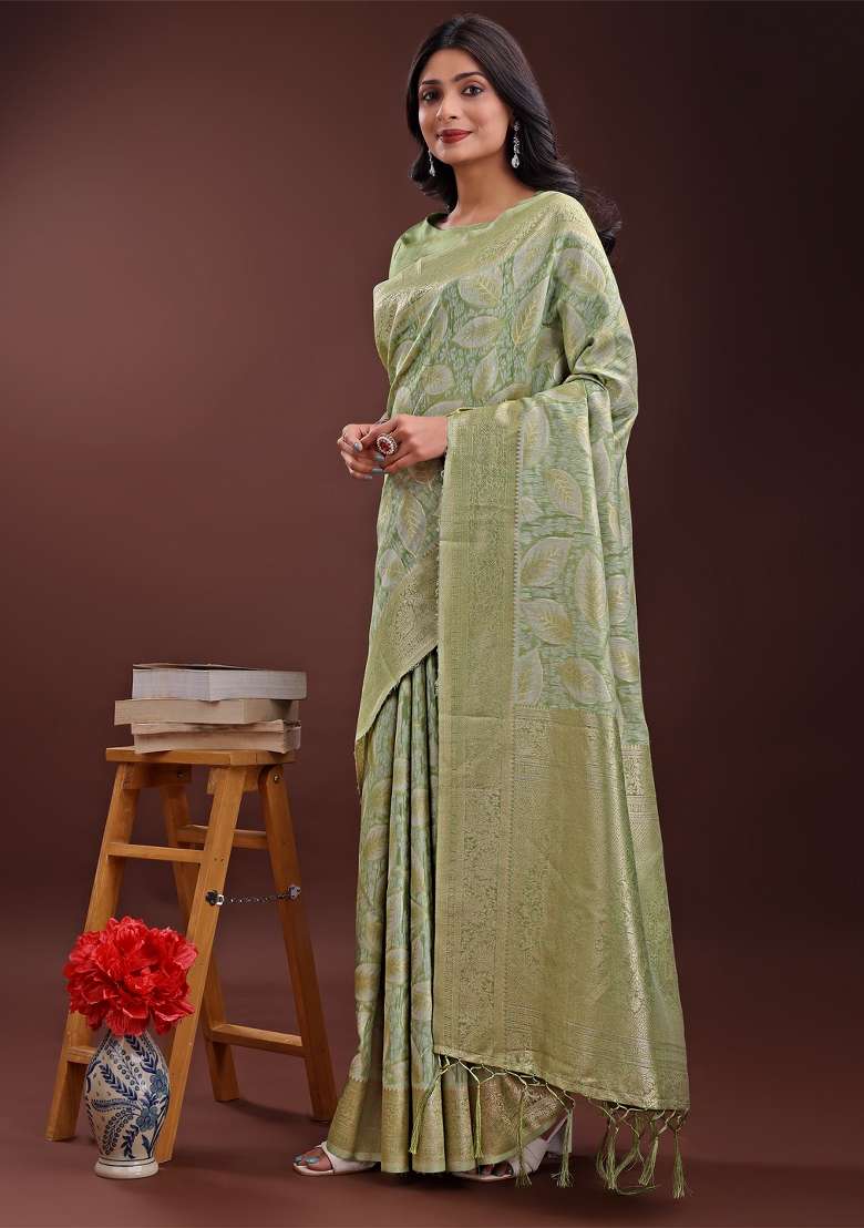 Light Green Zari Work Cotton Blend Saree Set - Indya