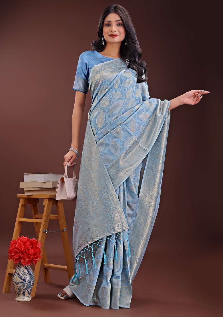Sky Blue Zari Work Cotton Blend Saree Set - Indya