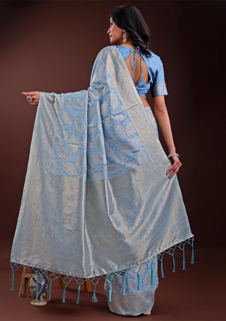 Sky Blue Zari Work Cotton Blend Saree Set