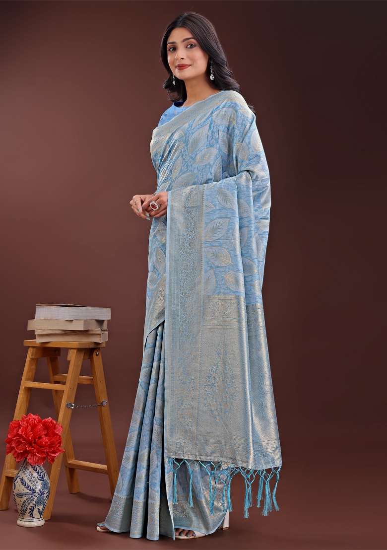 Sky Blue Zari Work Cotton Blend Saree Set - Indya