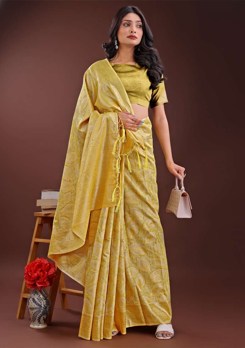 Yellow Zari Work Cotton Blend Saree Set - Indya