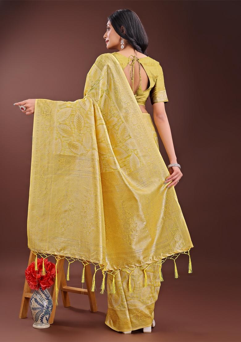 Yellow Zari Work Cotton Blend Saree Set