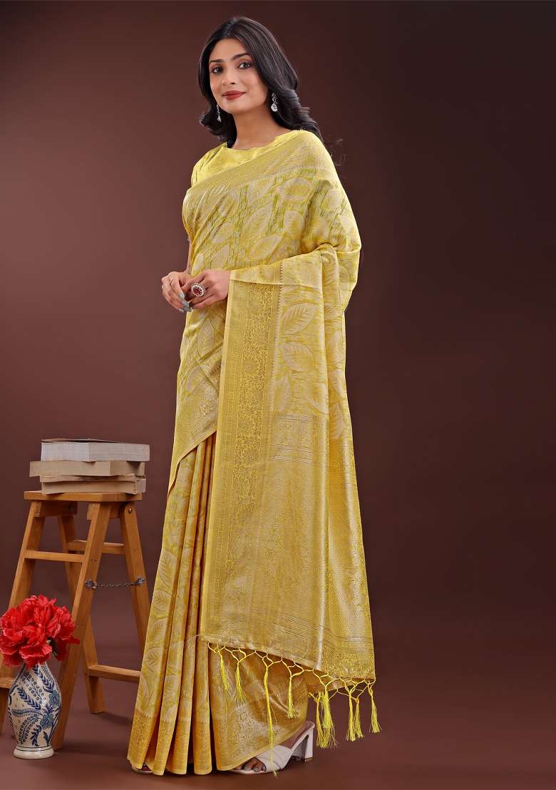 Yellow Zari Work Cotton Blend Saree Set - Indya