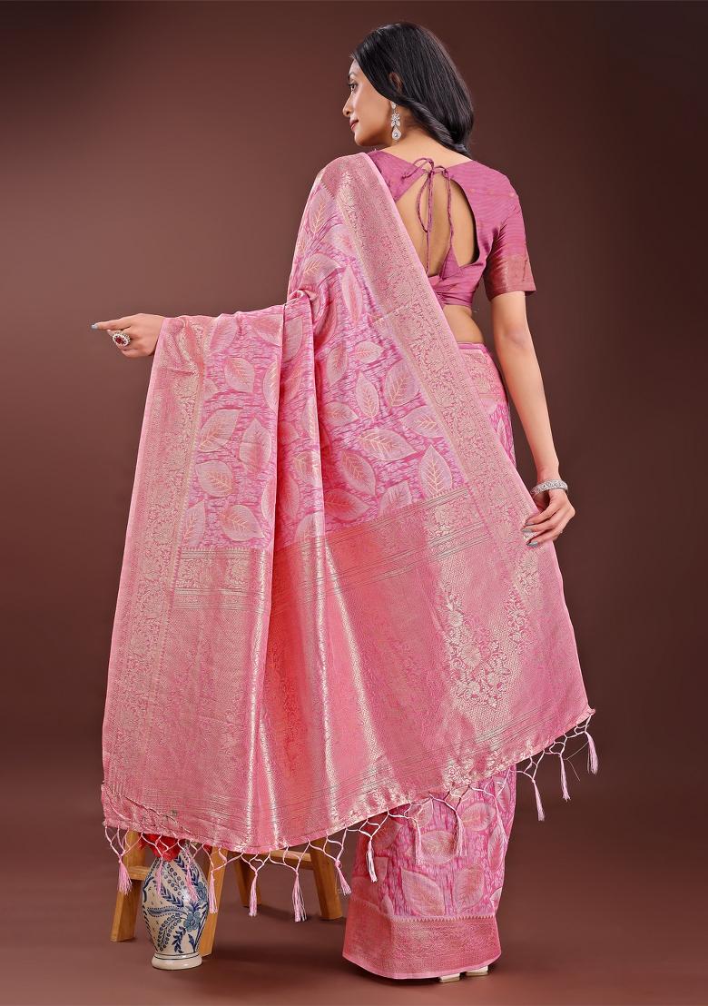 Pink Zari Work Cotton Blend Saree Set