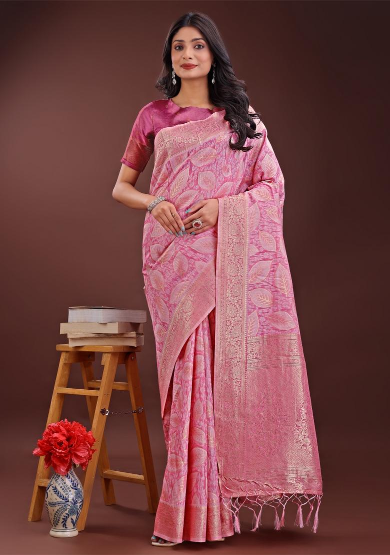Pink Zari Work Cotton Blend Saree Set
