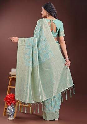 Sea Green Zari Work Cotton Blend Saree Set