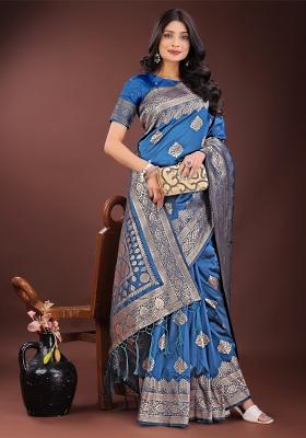 Sky Blue Zari Work Silk Saree Set