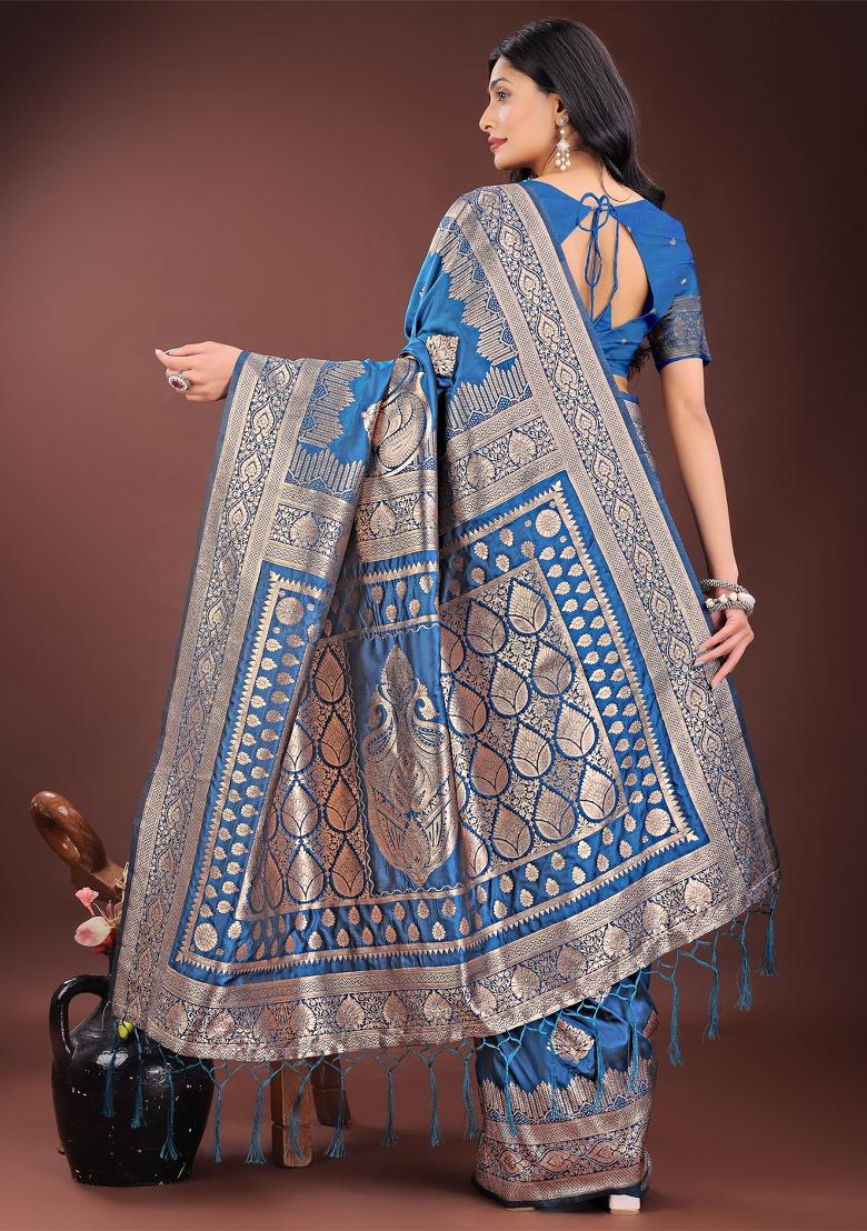 Sky Blue Zari Work Silk Saree Set