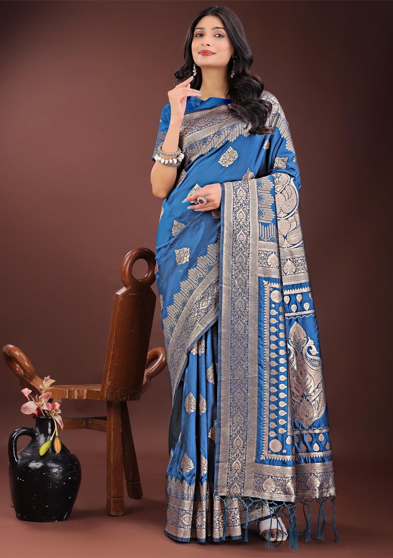 Sky Blue Zari Work Silk Saree Set