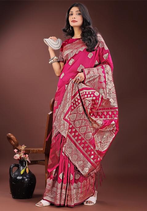 Magenta Zari Work Silk Saree Set