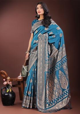 Teal Blue Zari Work Silk Saree Set
