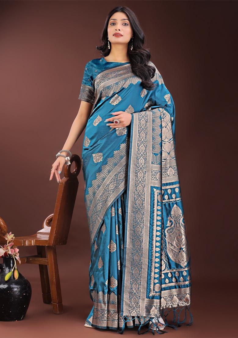 Teal Blue Zari Work Silk Saree Set