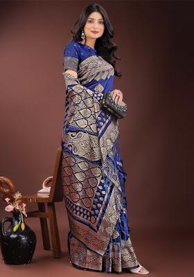 Navy Blue Zari Work Silk Saree Set