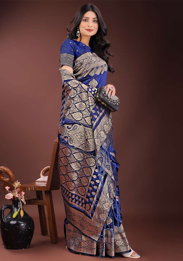 Navy Blue Zari Work Silk Saree Set - Indya