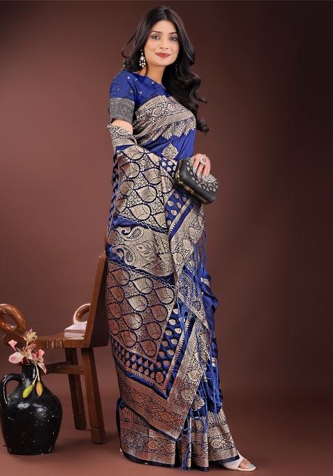 Navy Blue Zari Work Silk Saree Set