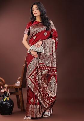 Maroon Zari Work Silk Saree Set