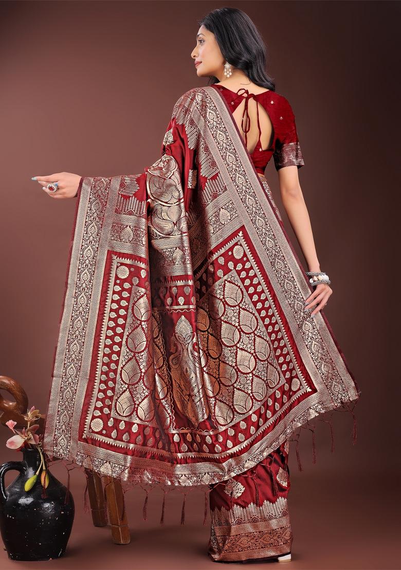 Maroon Zari Work Silk Saree Set