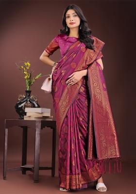Purple Zari Work Silk Saree Set