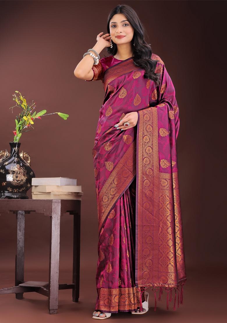 Purple Zari Work Silk Saree Set
