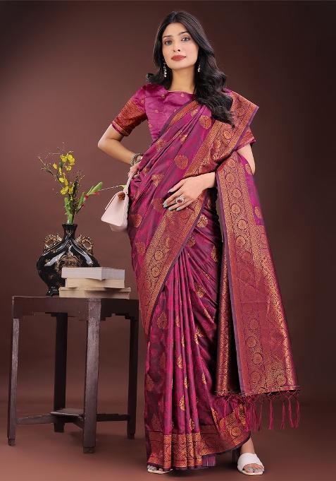 Purple Zari Work Silk Saree Set