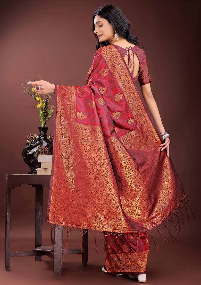 Maroon Zari Work Silk Saree Set