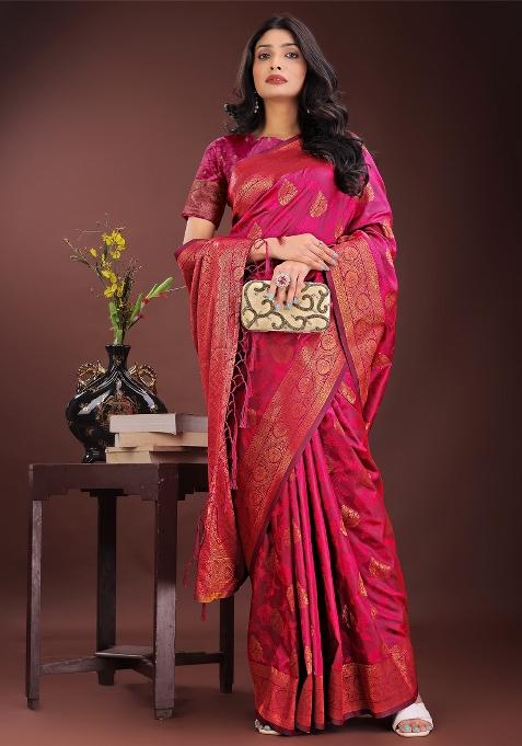 Magenta Zari Work Silk Saree Set