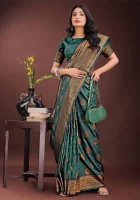 Dark Green Zari Work Silk Saree Set