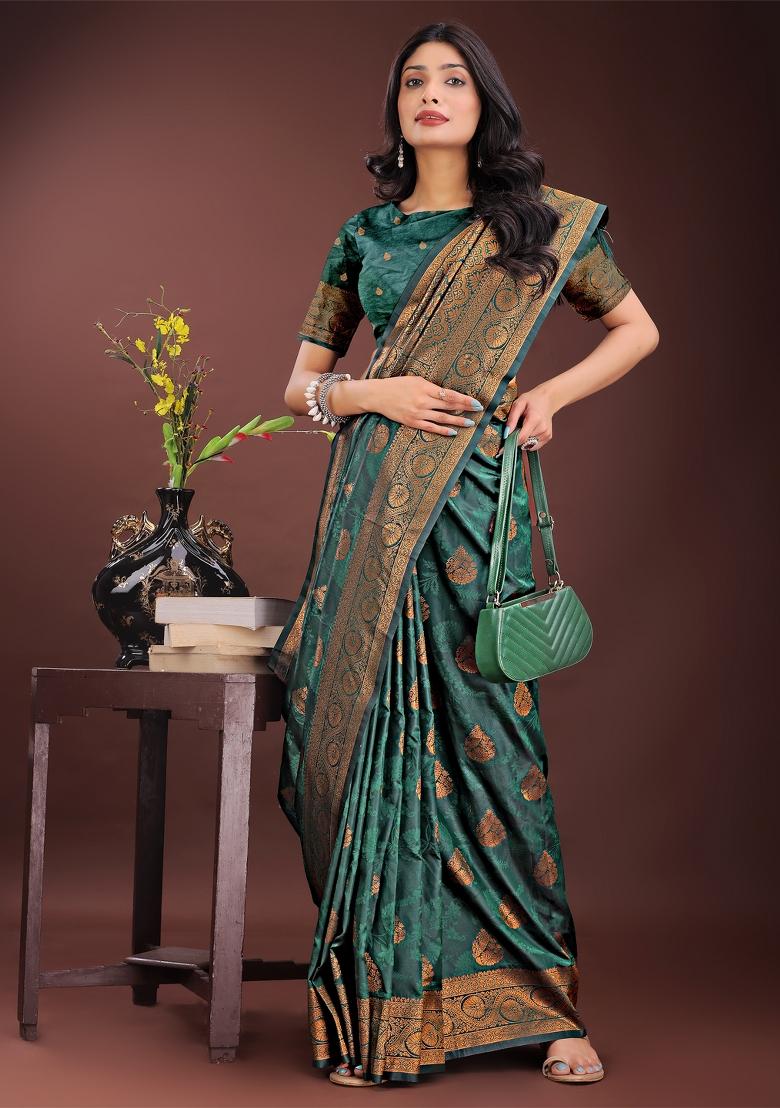 Dark Green Zari Work Silk Saree Set