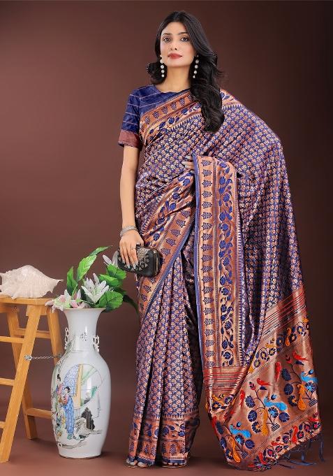 Navy Blue Zari Work Silk Saree Set