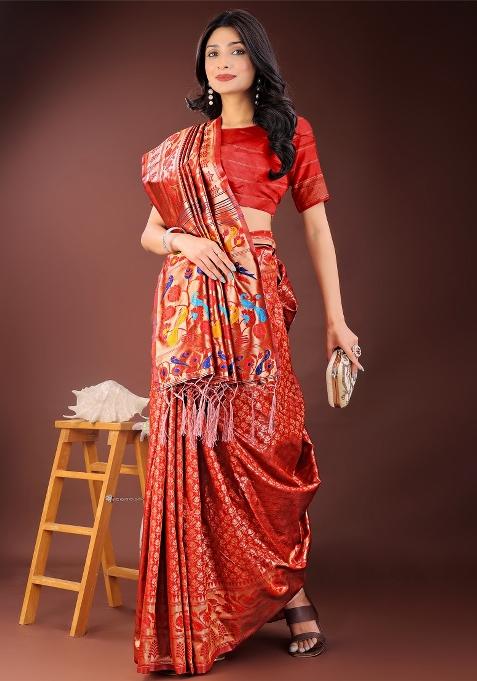 Red Zari Work Silk Saree Set