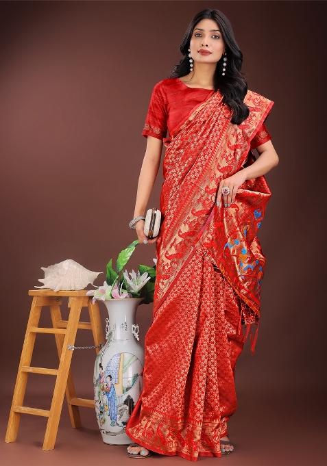 Red Zari Work Silk Saree Set