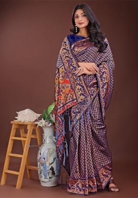 Navy Blue Zari Work Silk Saree Set