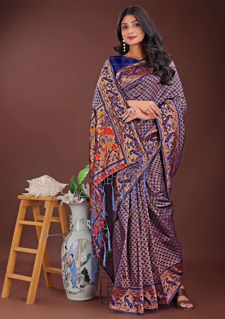Navy Blue Zari Work Silk Saree Set - Indya