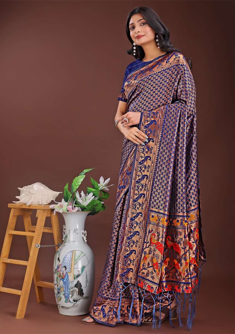 Navy Blue Zari Work Silk Saree Set - Indya