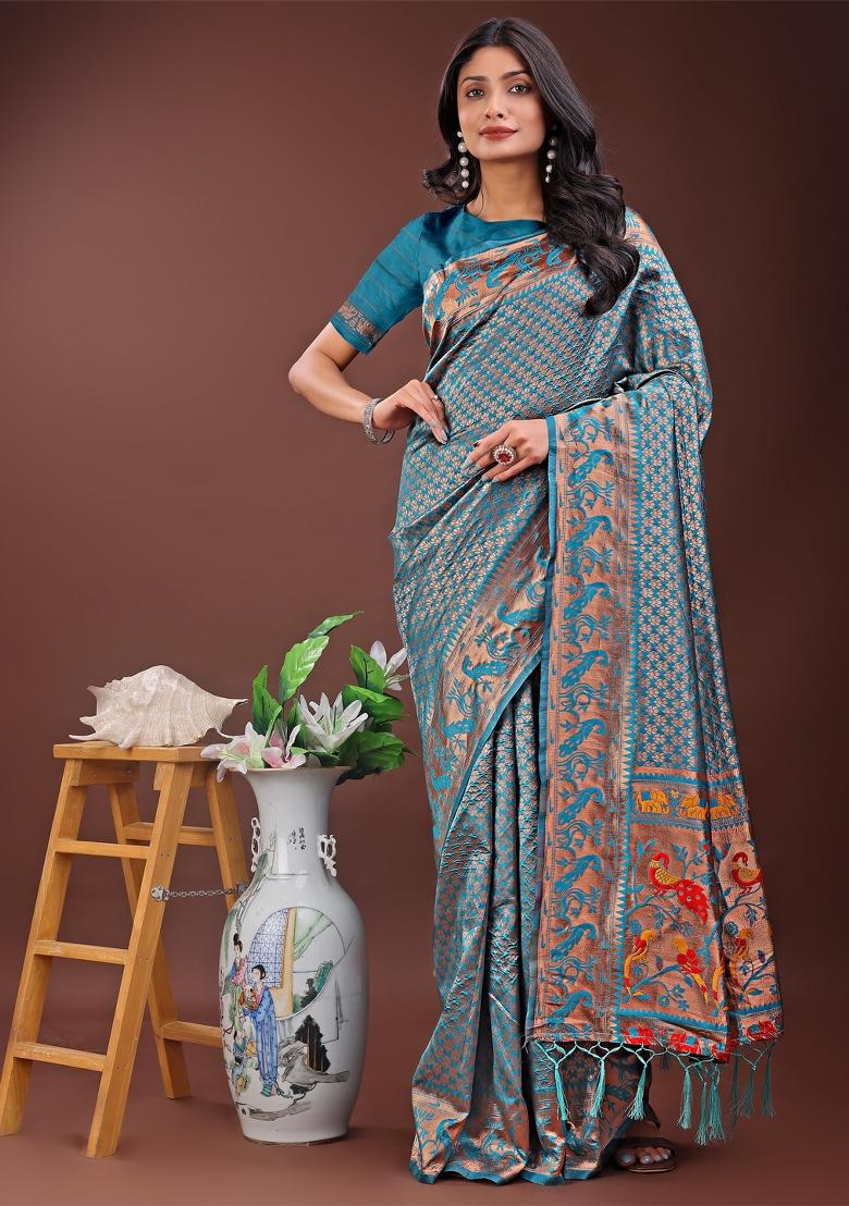 Sea Green Zari Work Silk Saree Set