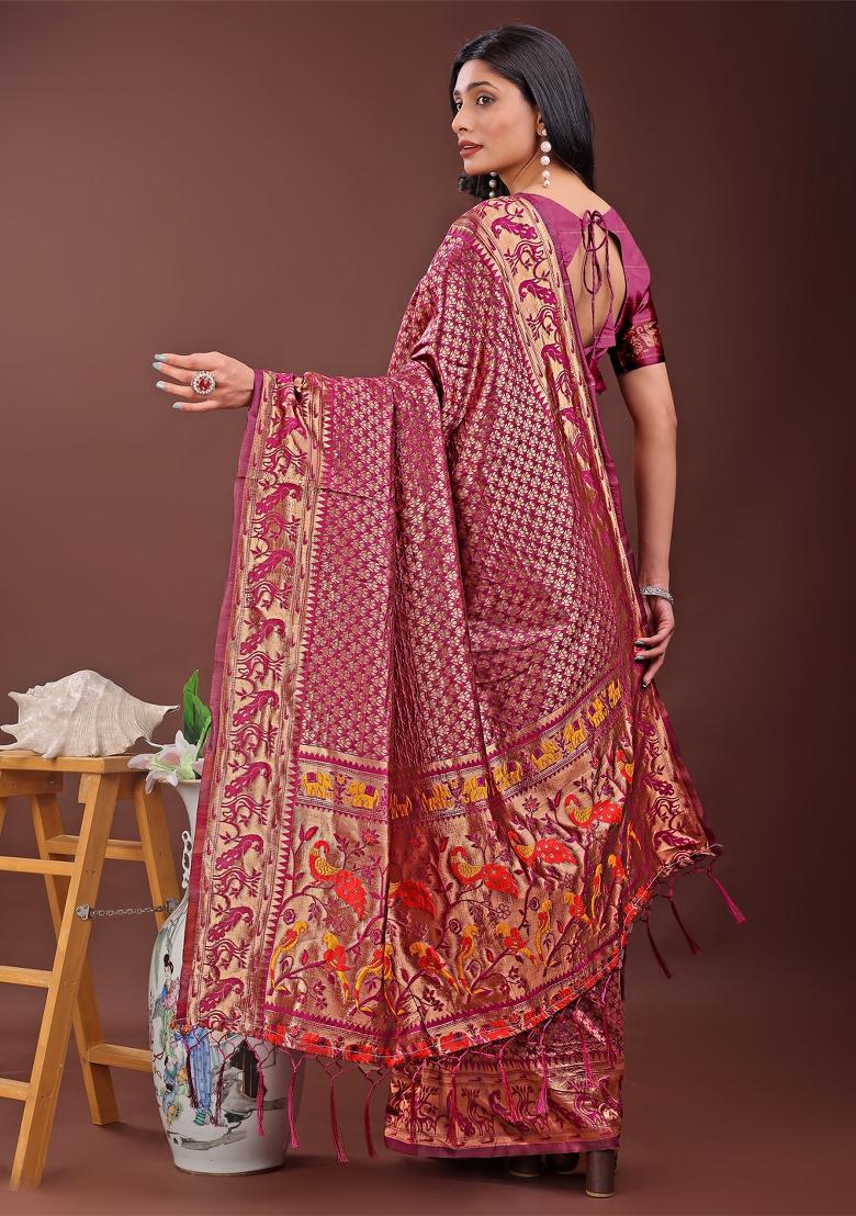 Purple Zari Work Silk Saree Set