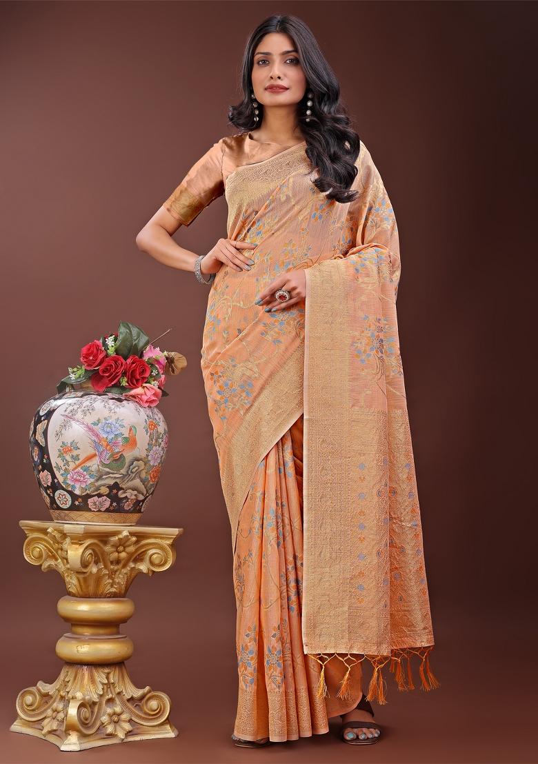 Orange Zari Work Cotton Blend Saree Set