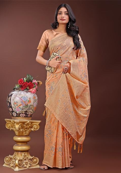 Orange Zari Work Cotton Blend Saree Set