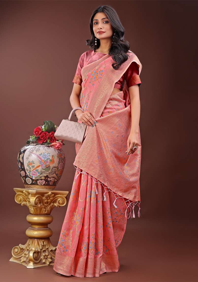 Peach Zari Work Cotton Blend Saree Set - Indya