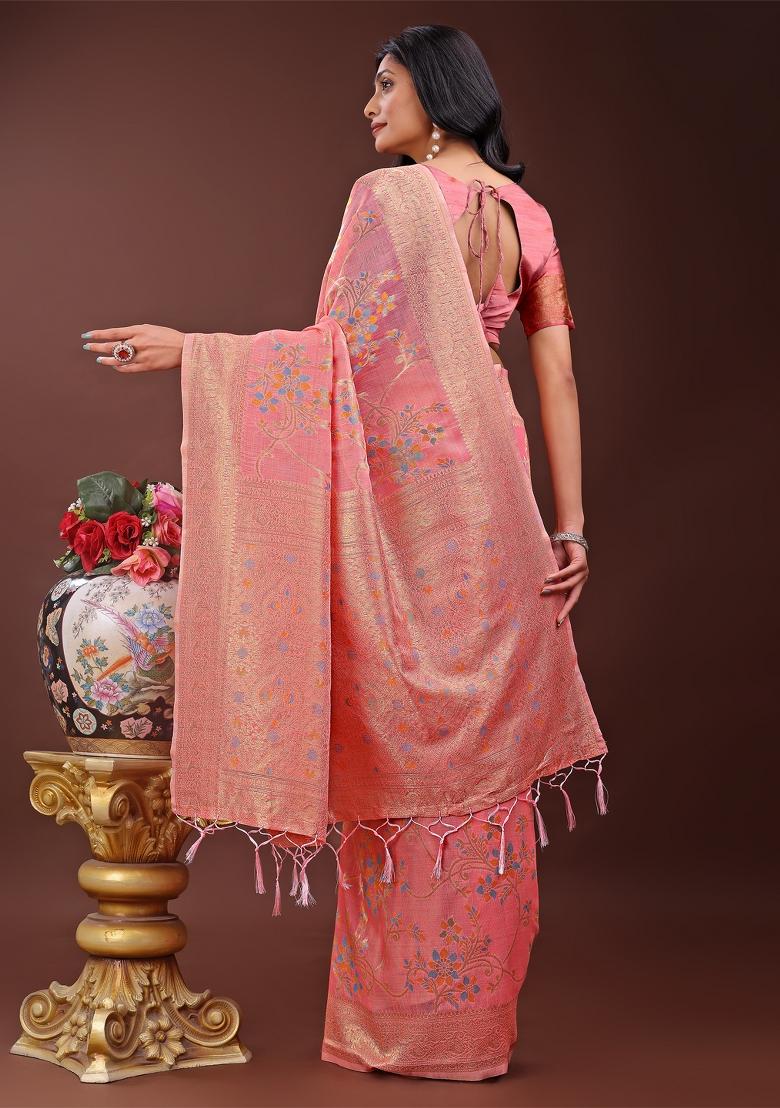 Peach Zari Work Cotton Blend Saree Set