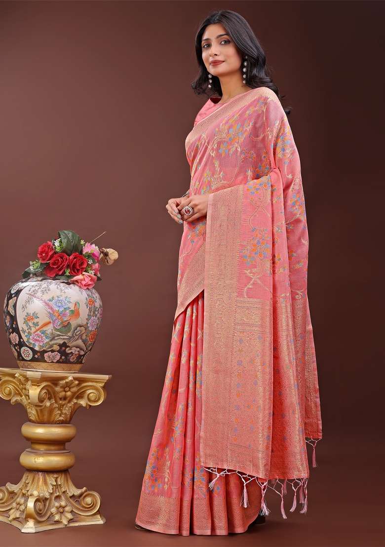 Peach Zari Work Cotton Blend Saree Set - Indya
